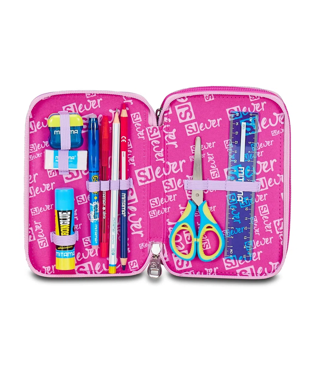 SJ GANG STYLE JAM GANG Astuccio Scuola 3 Zip Sj Ever, Fucsia, Portapenne Triplo Scomparto Completo Di Penne, Matite, Colori, Accessori Zaino, Scuola Elementare, Bambina