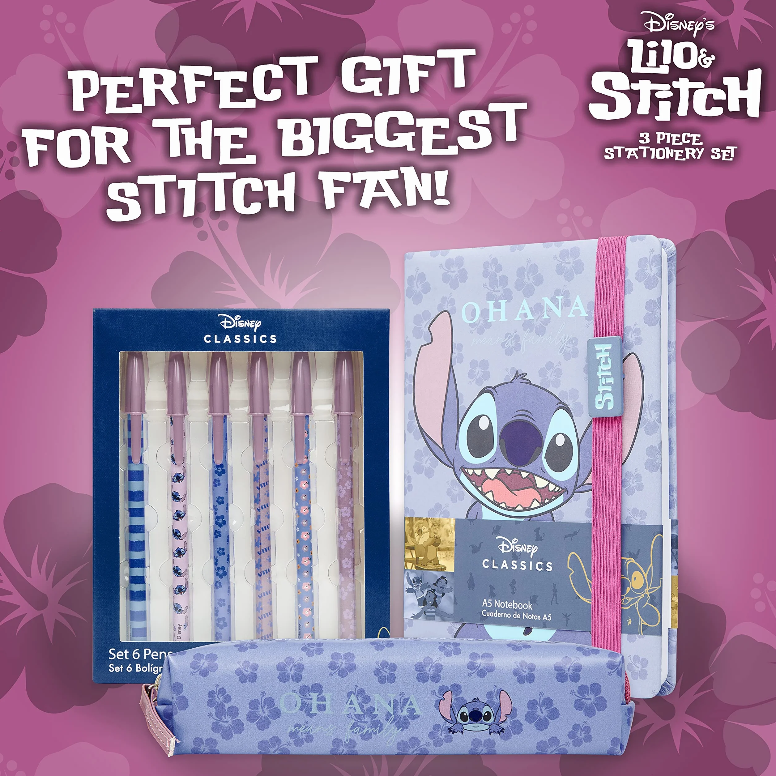 Disney Stitch Set Cancelleria Quaderno Appunti Astuccio Matite e Penna Sfera o Blocco Note Matite Colorate e Accessori Scuola (Blu)
