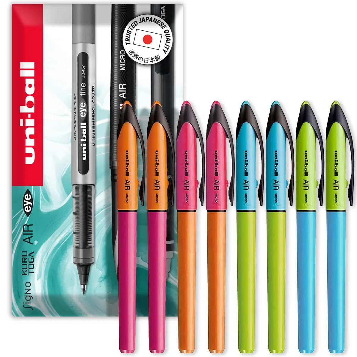 uni-ball Air UBA-188E-M - Penna a sfera da 0,5 mm, fusti blu, verde, rosa e arancione, inchiostro nero, confezione da 8, in confezione regalo
