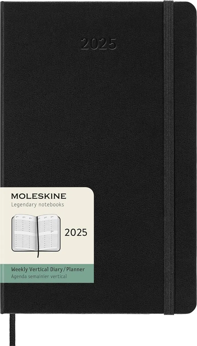 Moleskine Weekly Planner, Agenda Settimanale Verticale 12 Mesi 2025, Copertina Rigida e Chiusura Elastica, Colore Nero, Formato Large 13 x21 cm