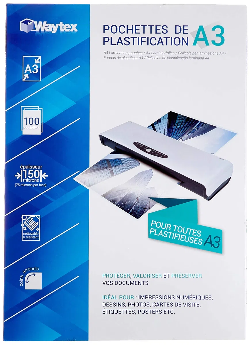 Waytex - Confezione da 100 fogli di plastificazione A3 75 micron, finitura lucida, trasparente