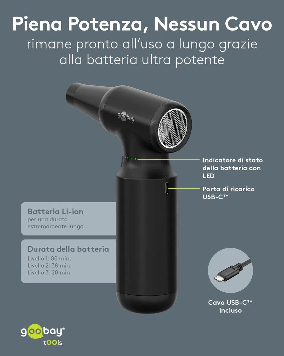 goobay soffiatore per polvere Advanced con 3 livelli, batteria da 6.000 mAh, 110.000 giri/min, fino a 80 minuti di autonomia, incl. 8 accessori per rimuovere la polvere da tastiere, PC, 77830
