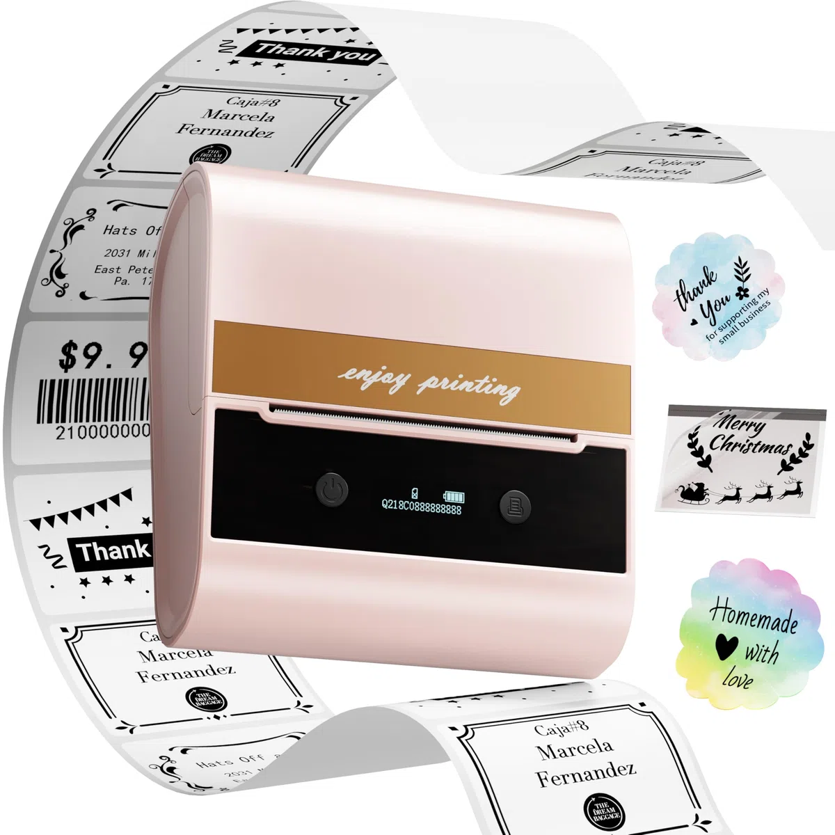 Memoking M260 Stampante per Etichette - Stampante termica per Etichette Portatile, Bluetooth Etichettatrice Etichette Adesive, Adatto per Ufficio,Codice a Barre, Trasporto, Cavo, Negozio, Rosa