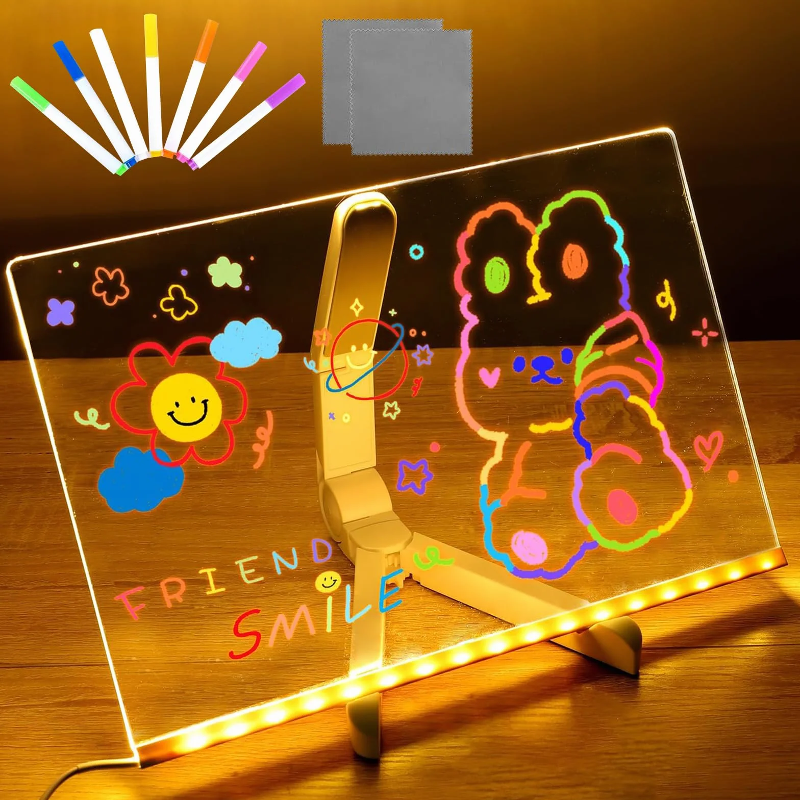 Lavagnetta in Acrilico con Luci LED,30CM*20CM Lavagna Luminosa Cancellabile per Disegnare Con Penna a 7 Colori e Supporto Regolabile, Lavagna Magica, per Casa, Scuola, Negozio, Bar