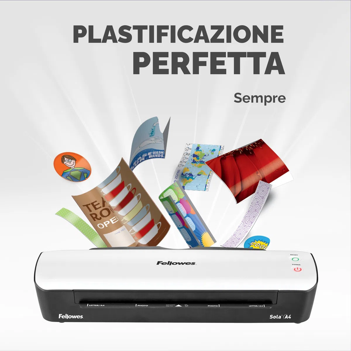 Fellowes plastificatrice Sola, formato A4, fino a 125 micron, uso domestico, plastificatrice con leva di sblocco e modalità riposo, riscaldamento in 4 minuti [ESCLUSIVA AMAZON]