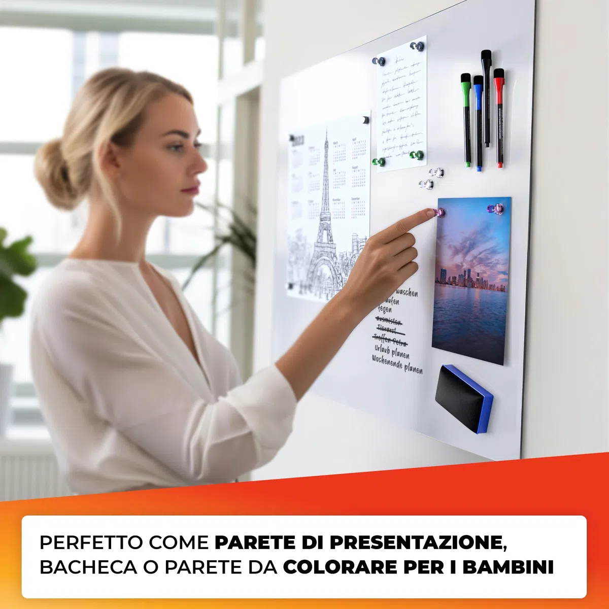 Foglio per lavagna bianca 40x60cm - foglio magnetico 3M autoadesivo - foglio per lavagna magnetica - ferro foil bianco - foglio per lavagna bianca incl. 4 pennarelli, cancellino e 4 spilli