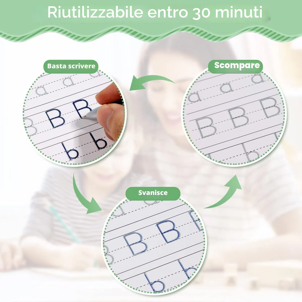 Libro di lavoro per scrivere a mano magica, quaderno di pratica, penna magica riutilizzabile con scanalature per bambini (4 libri, 25 x 19 cm)