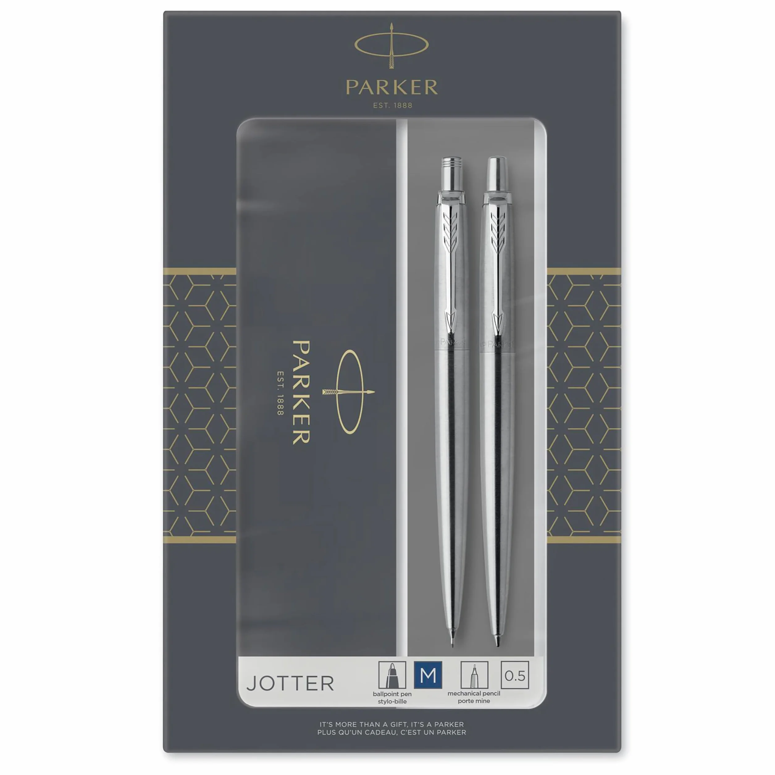 Parker Jotter Duo set regalo con penna a sfera e matita portamine (0,5 mm) | acciaio inossidabile con finiture cromate | ricarica di inchiostro blu | Materiale scolastico | confezione regalo