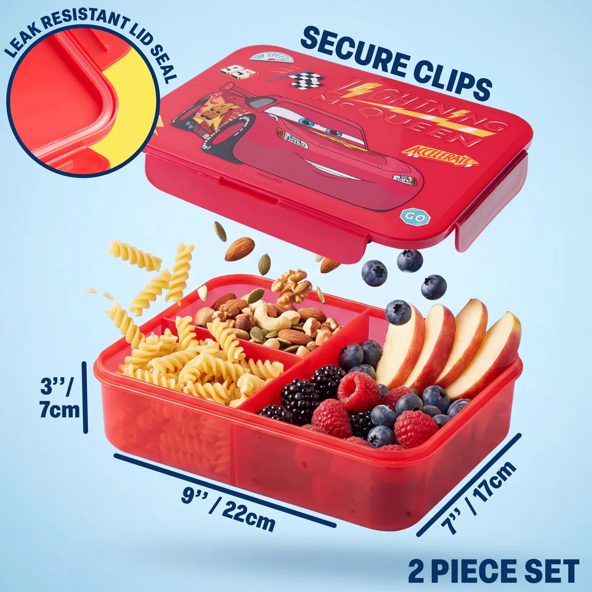 Get Trend Disney Cars Saetta McQueen Porta Pranzo Bambini, Set 2 Pezzi con Senza BPA Bento Box 3 Scomparti e Borraccia Coperchio Apribile con Cannuccia 640 ml, Idea Regalo (Multi Lightning McQueen)