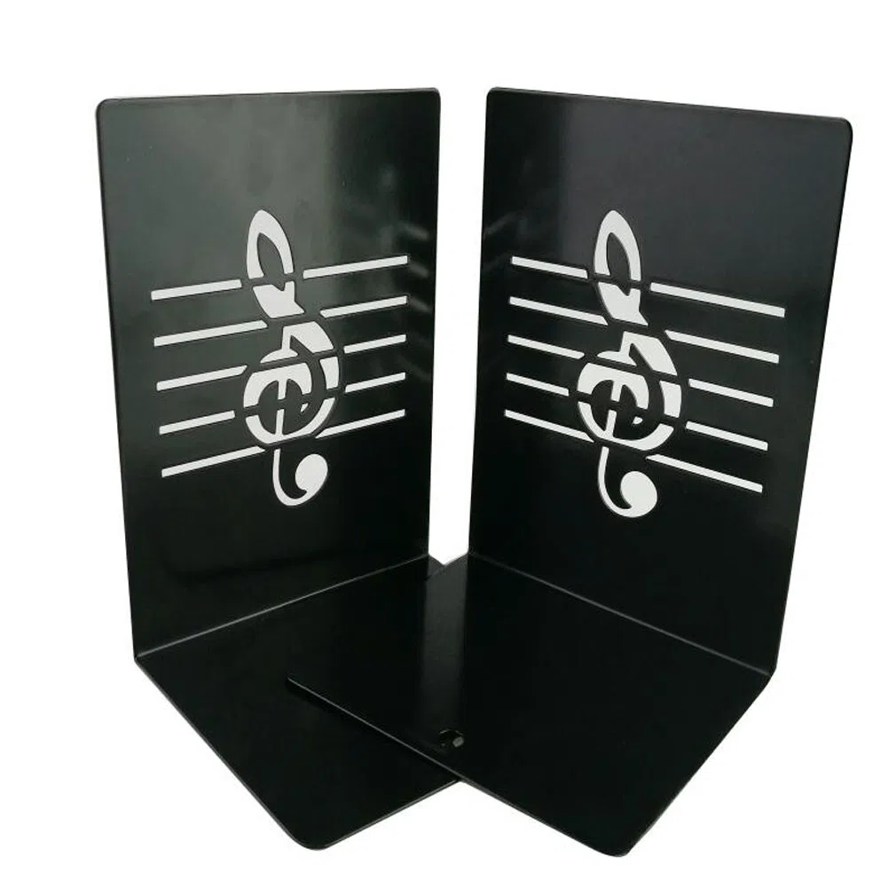 Un paio di supporti reggilibri in metallo nero, con nota musicale, creativi, di tendenza per bambini, amanti della musica, decorazione di casa e ufficio Nero