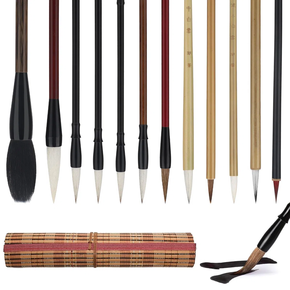 Linkstyle Set di 12 pennelli per calligrafia cinese, dimensioni miste giapponesi, Kanji Sumi, pennelli per pittura a inchiostro per principianti