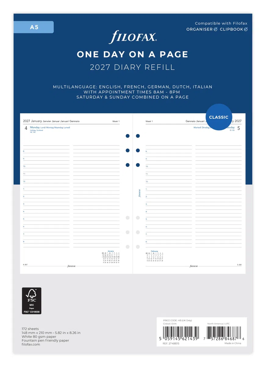 Filofax Agenda 2027, formato A5, un giorno per pagina, 5 lingue, 27-68515