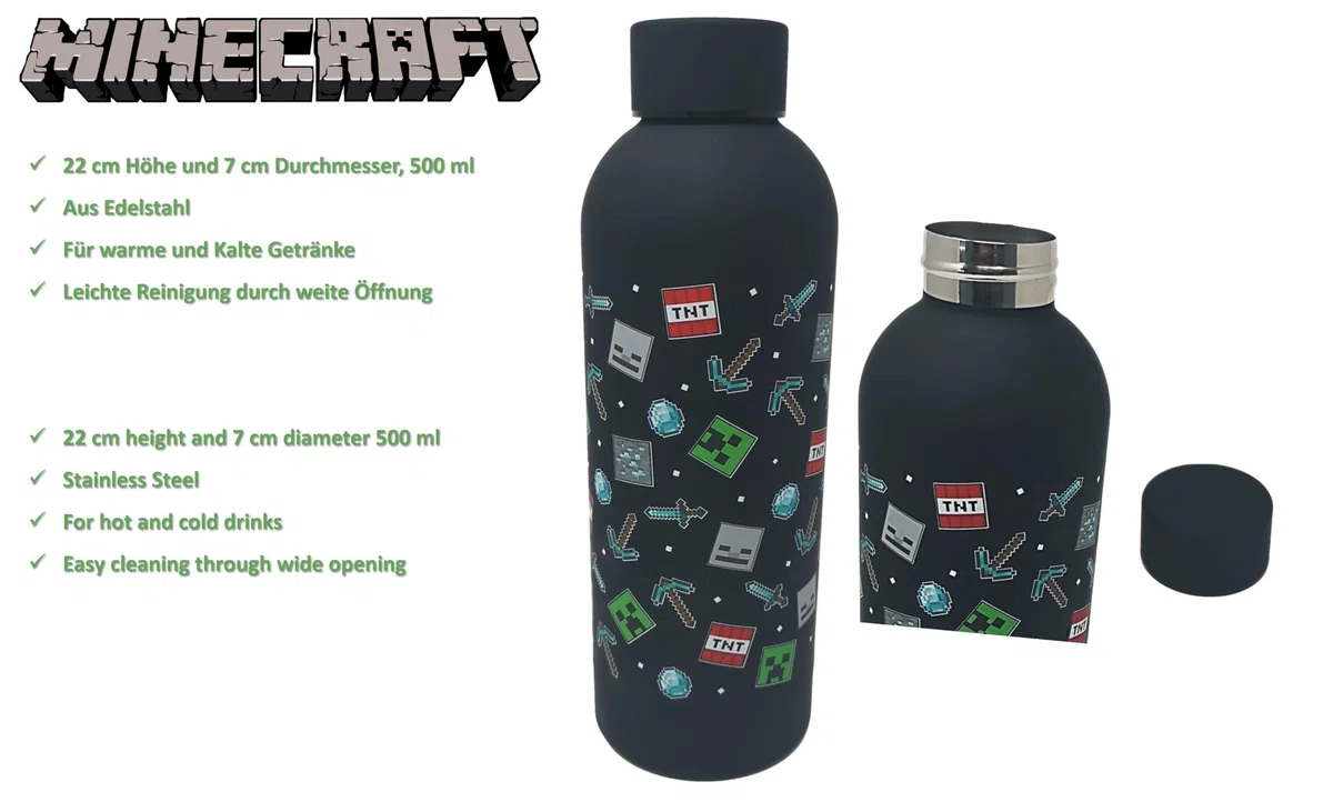 Theonoi Minecraft Creeper - Contenitore per il pranzo per bambini, con scomparti e borraccia, in acciaio (nero)