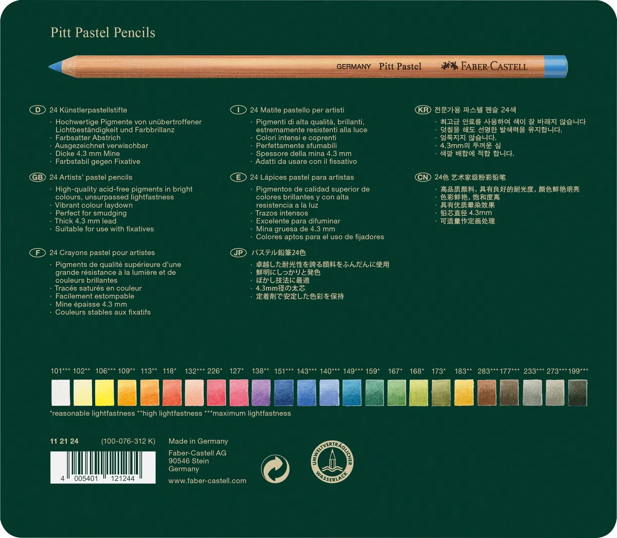 Faber-Castell 112124 - Matite colorate Pitt pastel, 24 matite colorate per artisti in astuccio di metallo, colori a prova di sbavature