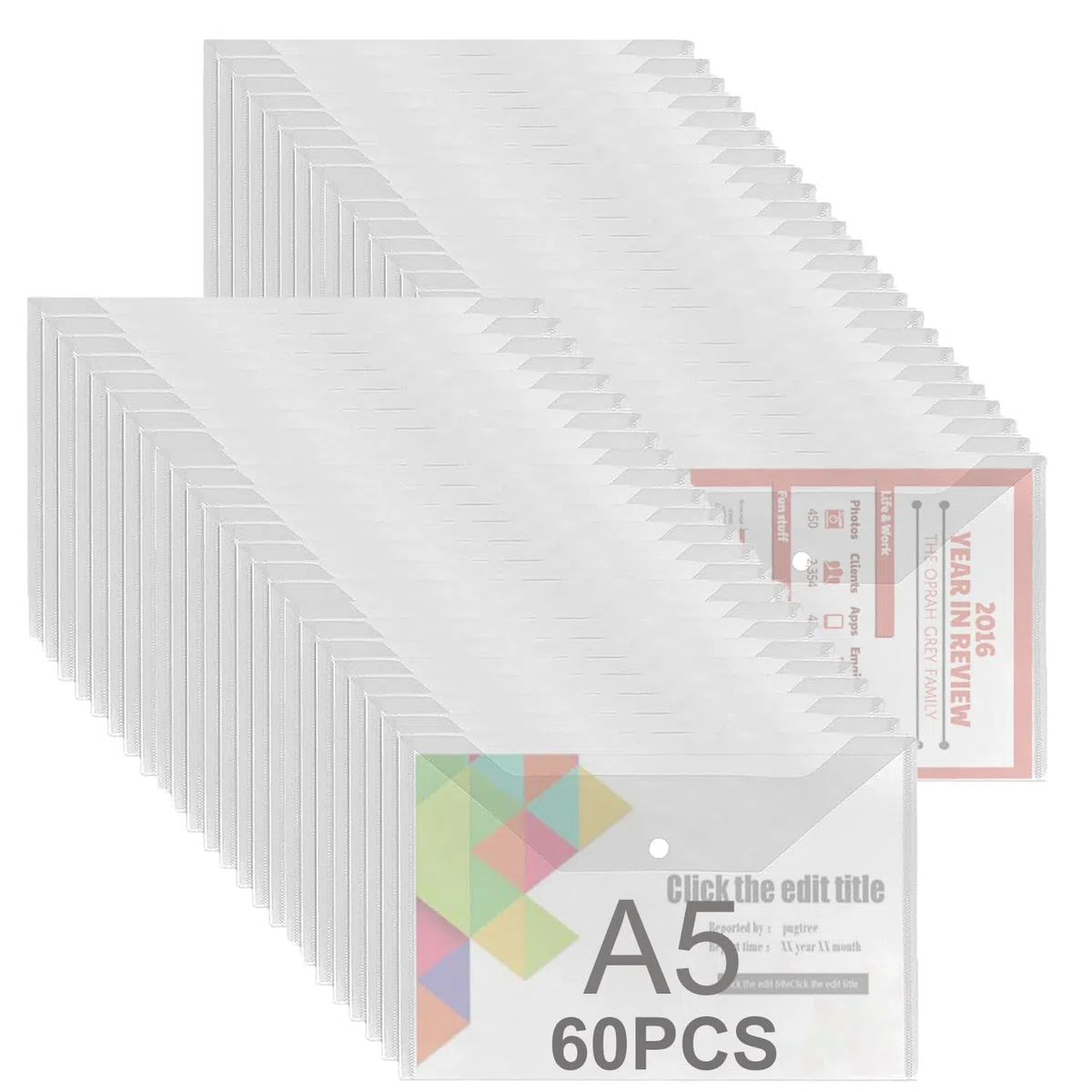 ASelected Set di 60 Busta Porta Documenti A5, Trasparente Cartelline Portadocumenti Plastica A5 Busta Con Bottone, Cartelle Porta Documenti - 235 x 170 mm