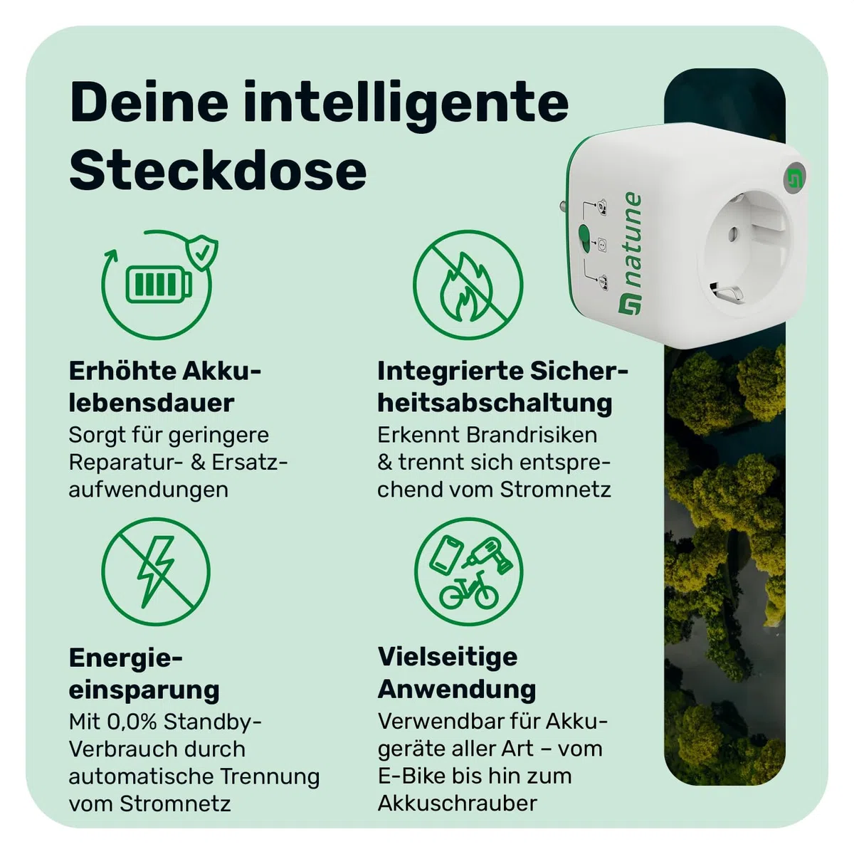 Natune Adattatore di protezione batteria Akku Life Guard | Adattatore di ricarica intelligente con arresto automatico e 3 modalità per prolungare la durata della batteria | 0,0 % consumo in standby