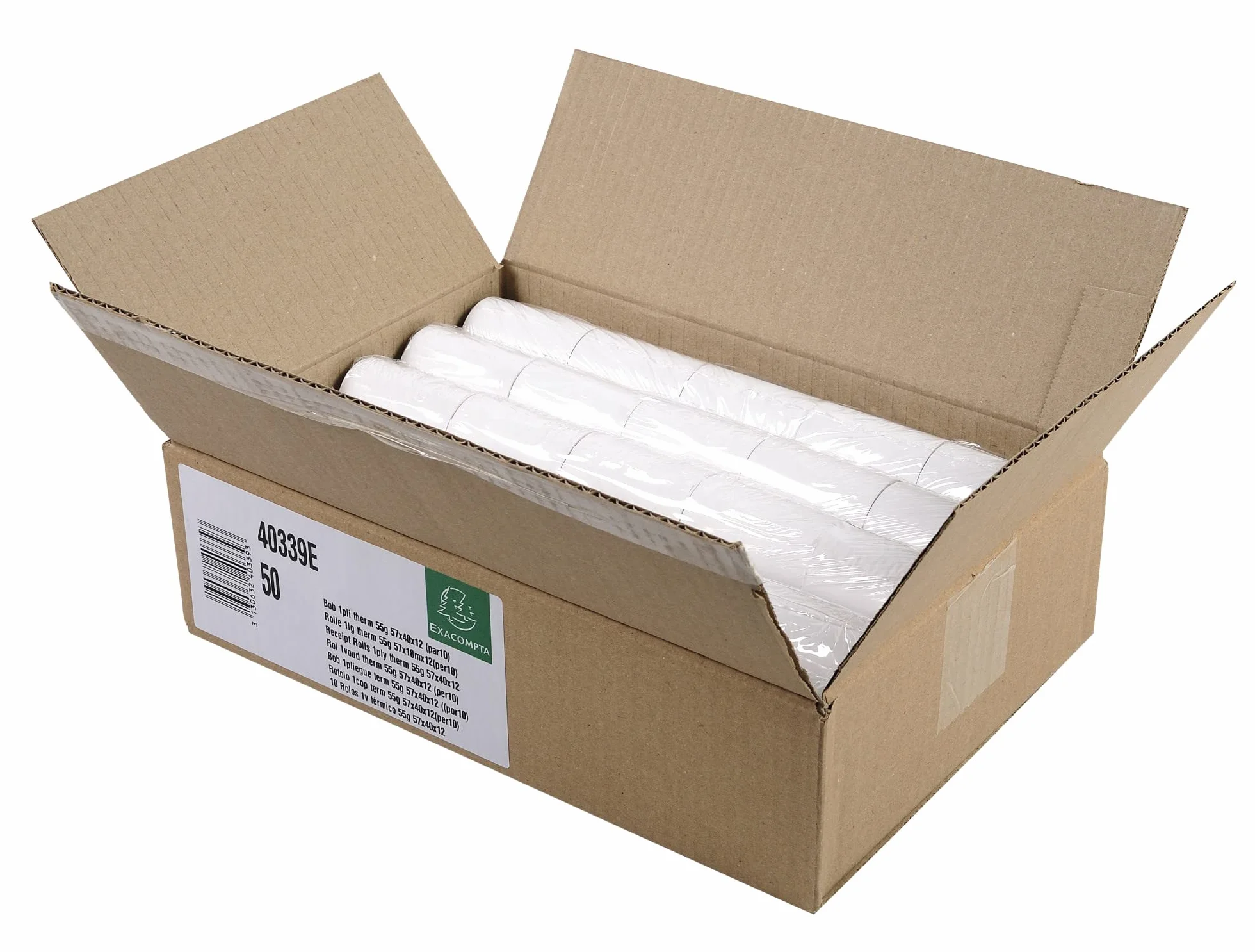 Exacompta 40339E - Scatola da 50 bobine per biglietti di carte di credito 57x40 mm, 1 piega termica 55g / m2 senza BPA, Lunghezza (+ o - 2 m): 18 m