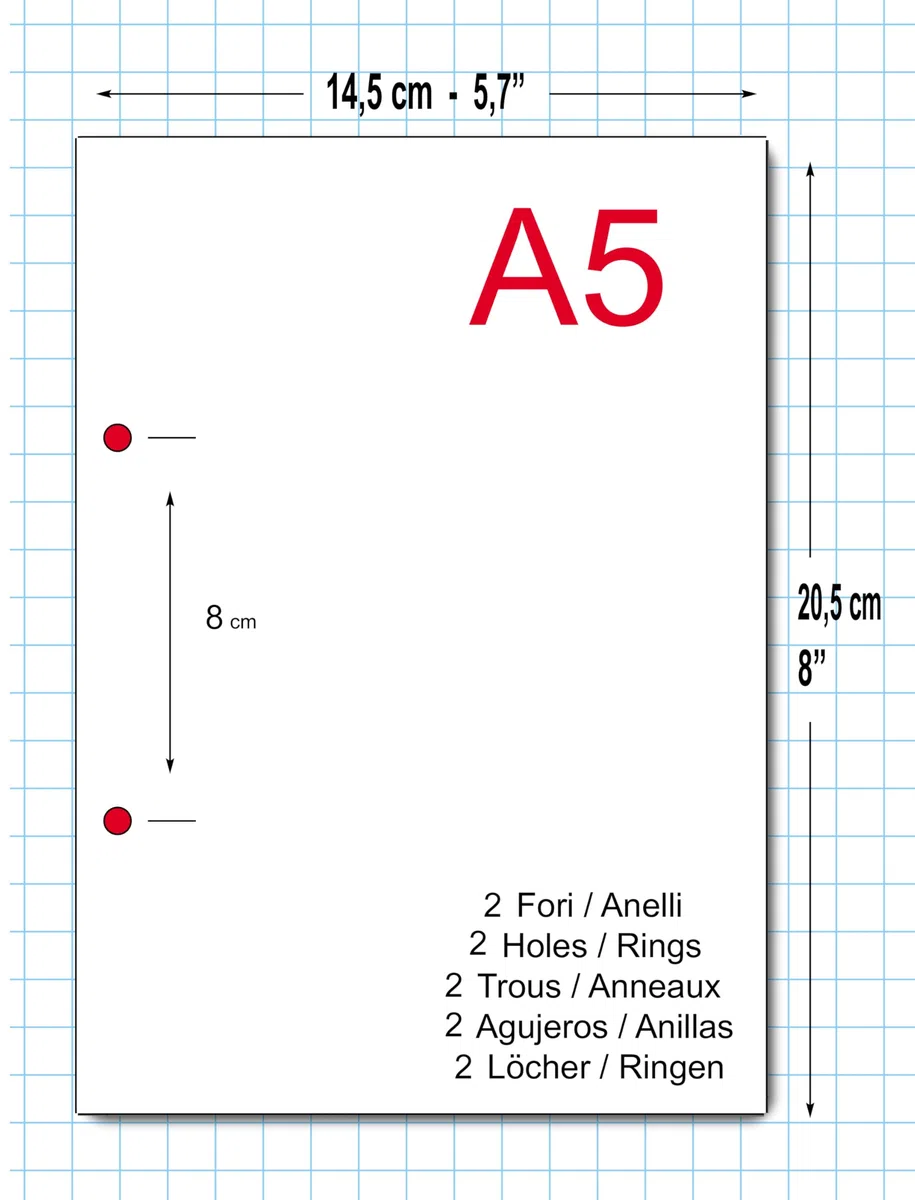Refill Ricarica 200 Fogli (400 Pagine) - 2 Fori - A5 14,5x20,5cm. Quadretti 5 mm. - DIN A5 2-holes - per raccoglitore con 2 anelli distanti 8 cm.