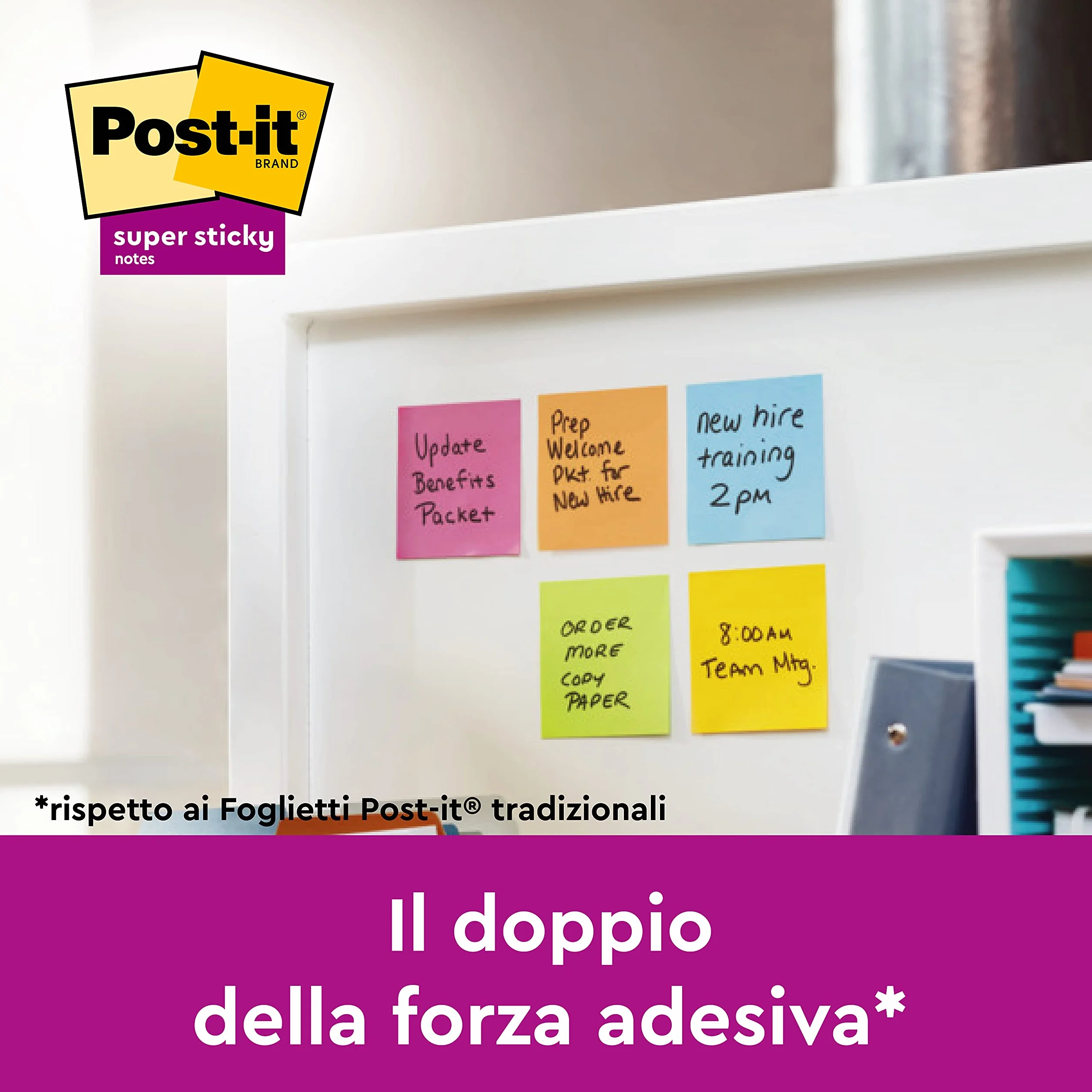 Post-it Foglietti Super Sticky, Collezione Carnival, Confezione da 6 blocchetti, 90 Fogli/blocco, 76mm x 127mm, Colori Giallo, Azzurro, Verde, Rosa, Arancione. Per Appunti, Elenchi & Promemoria