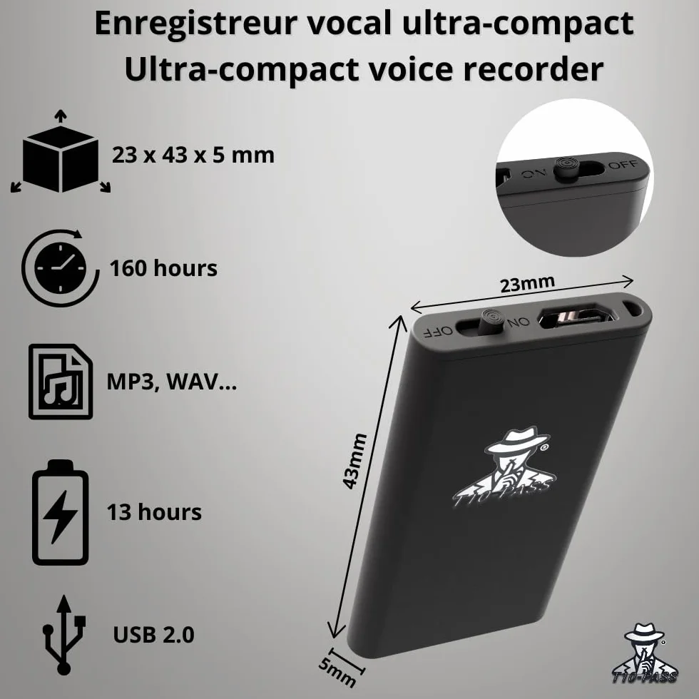 Microspia Audio – Registratore vocale ultra compatto (4 x 2 cm, spesso solo 5 mm). Discreto e ideale per riunioni, auto, conferenze e sorveglianza.