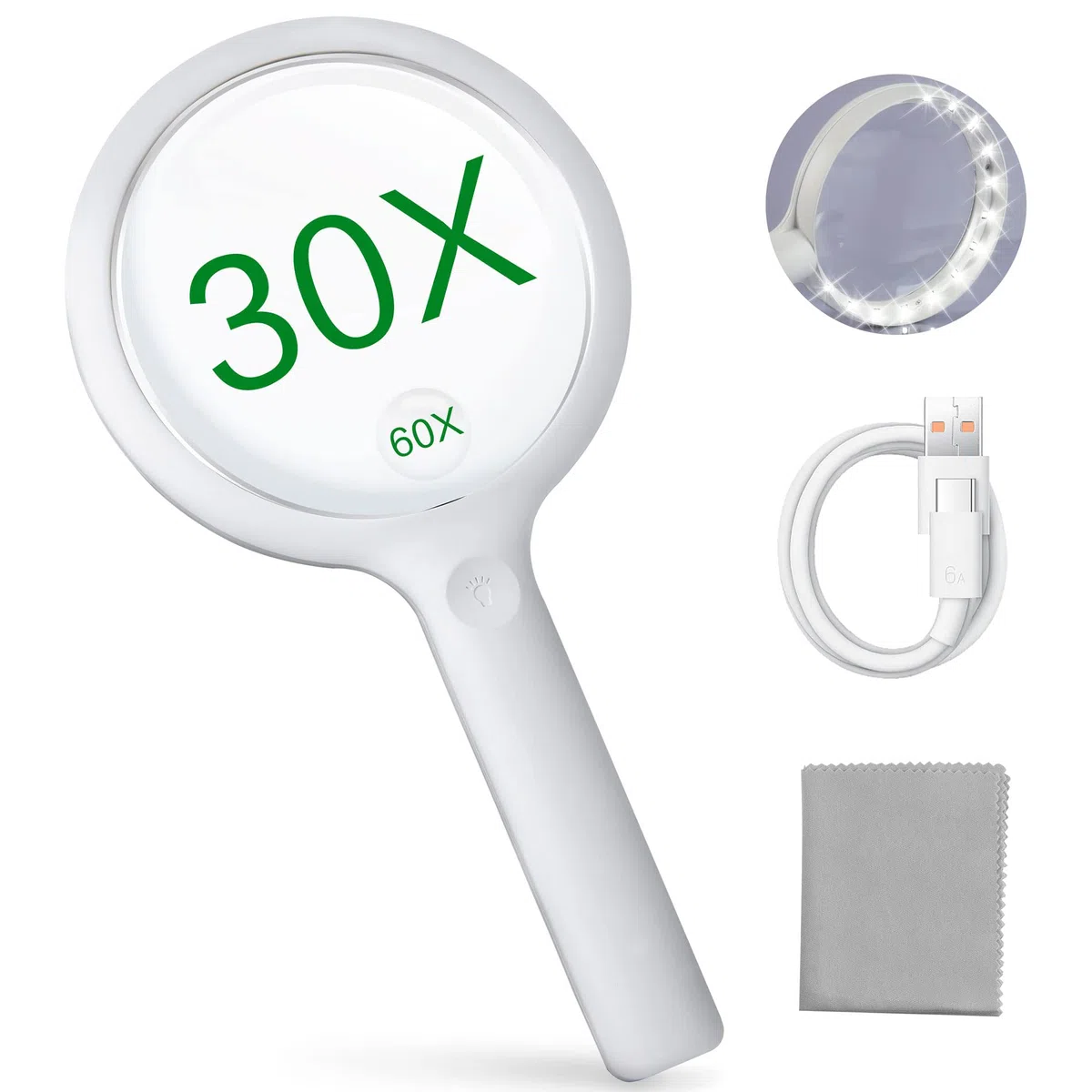 Lente Ingrandimento con Luce, Professionale Ricaricabile con 20 LED, 3 Modalità USB, per Lettura per Problemi Visivi(Bianco)