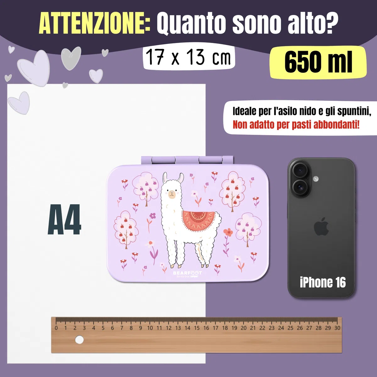 BEARFOOT – Porta Pranzo Bambini Compatta, Lunch Box Bento Box Senza BPA, Portamerenda Scuola con Scomparti, Leggera e Ermetica per Bambini e Bambine (Lama Viola, 650 ml)
