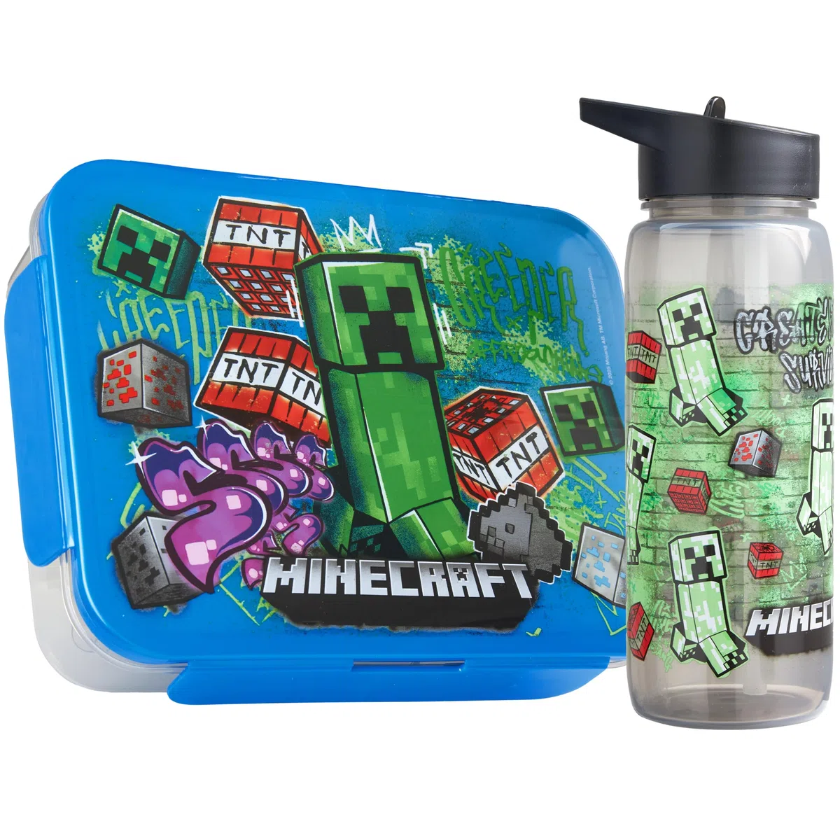 Get Trend Minecraft Porta Pranzo Bambini, Set 2 Pezzi con Senza BPA Bento Box 3 Scomparti e Borraccia Coperchio Apribile con Cannuccia 640ml, Scuola Idea Regalo (Multi Minecraft)