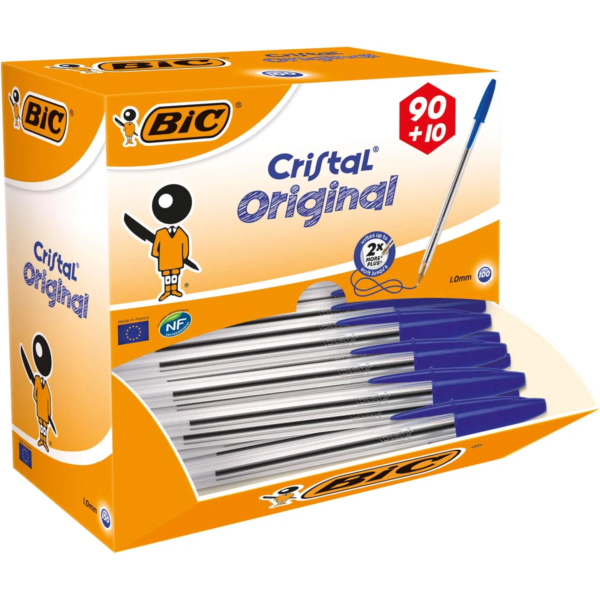 BIC Penne Blu a Sfera, Cristal Original, Punta Media (1.0 mm), Confezione da 90+10 Penne, Fornitura per Cancelleria Ufficio e Scuola