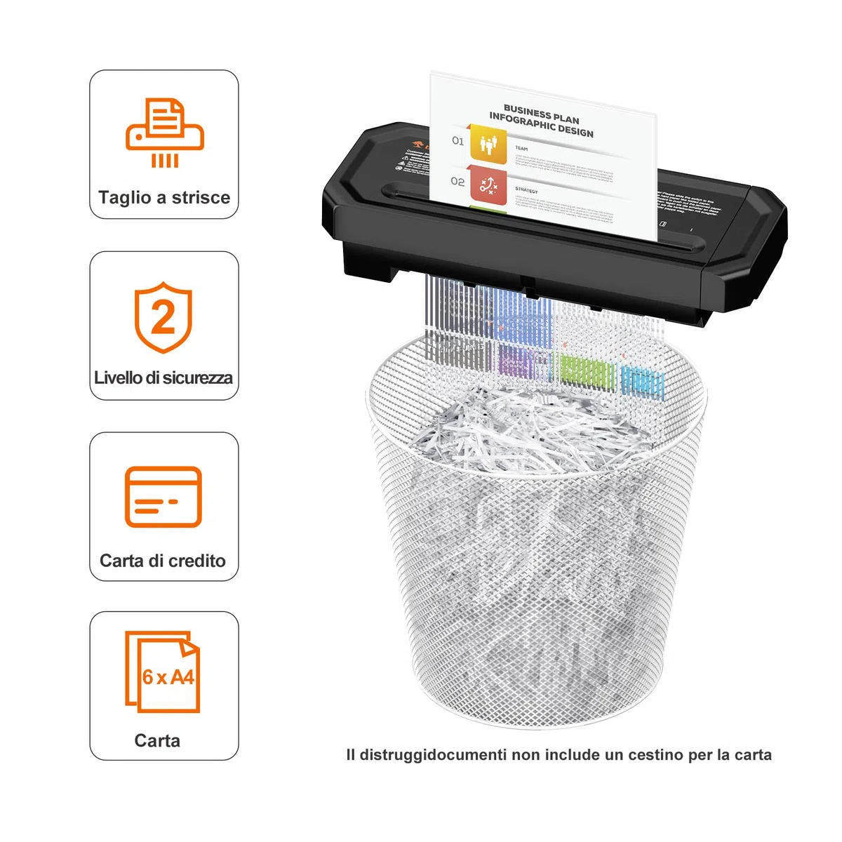 Bonsaii Tritadocumenti da 6 fogli, compatto per ufficio domestico; tritura carte di credito a strisce, P-2, design portatile con manico estendibile, S125-A