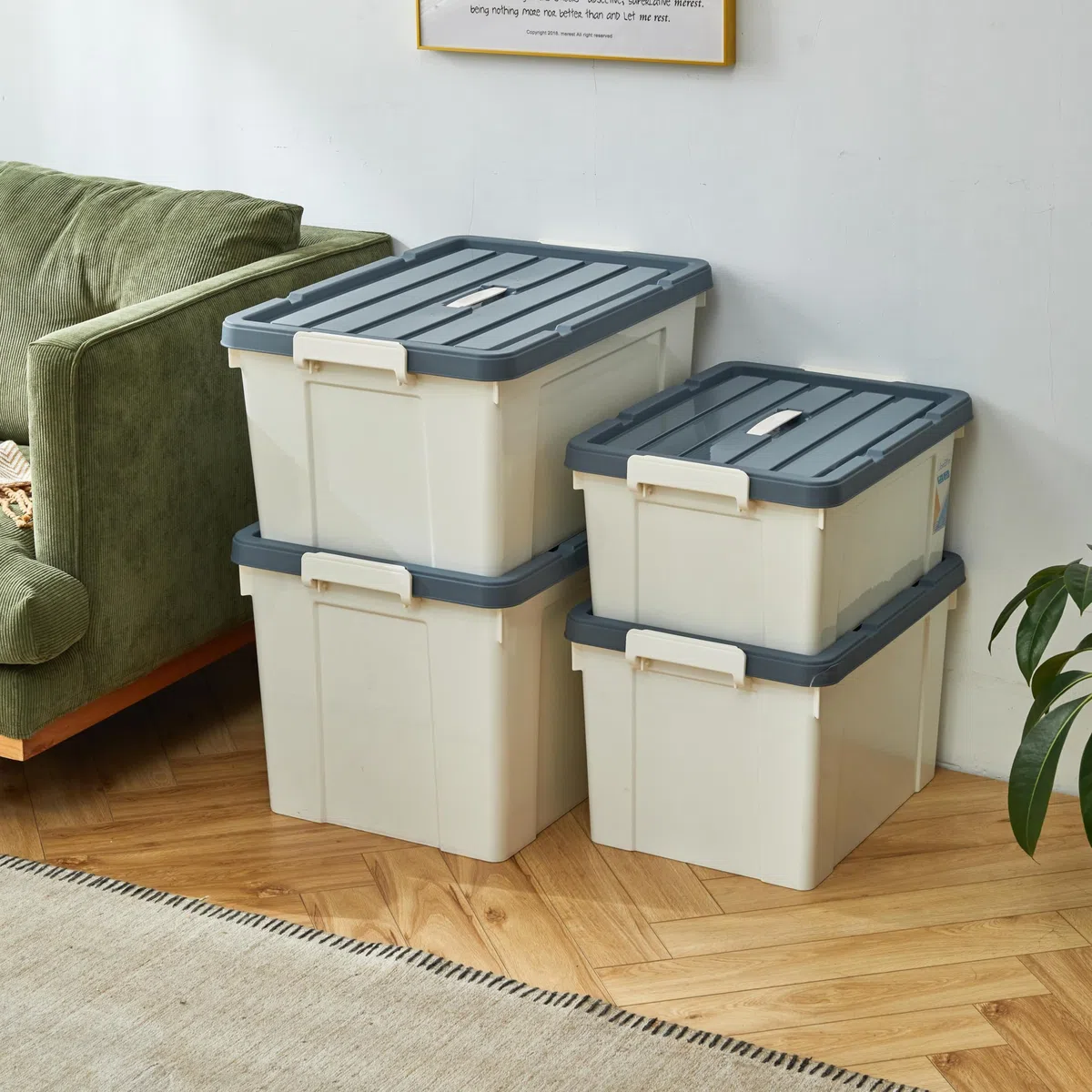 Cetomo 65L*3 Scatole di Stoccaggio in Plastica, Scatole Portaoggetti con Coperchio, Organizzatore con Manico, Contenitori per Casa e Ufficio, Impilabile, Resistente, Bianco, 65L - Confezione da 3