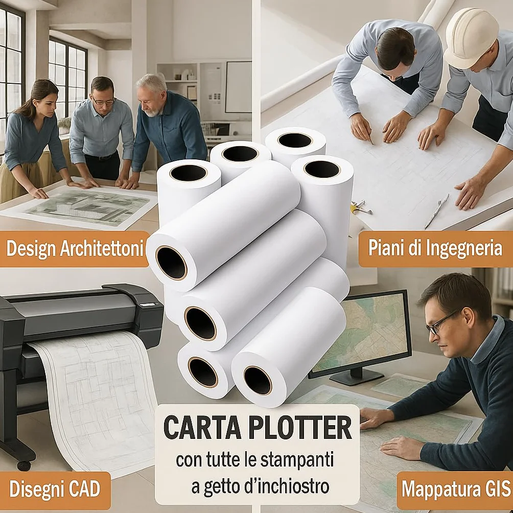 Confezione 1 Rotolo Plotter 106cm x 50m – 90g/m² | Carta Bianca Professionale per Stampa Tecnica, CAD, GIS e Grafica | Superficie Liscia, Asciugatura Rapida | Foro 50mm, Ø 96mm