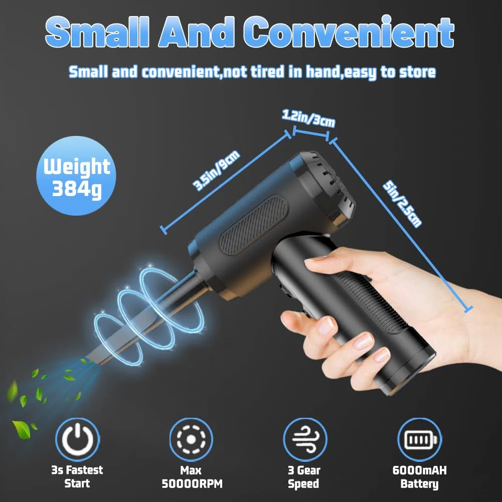 Elettrico Rimuovi Polvere, Soffiatore ad Aria Compressa 50000RPM e 6000mAh, 3 Velocità Aria Compressa Senza Fili con Luce LED e 5 Ugelli, Per Tastiera PC Auto Divano