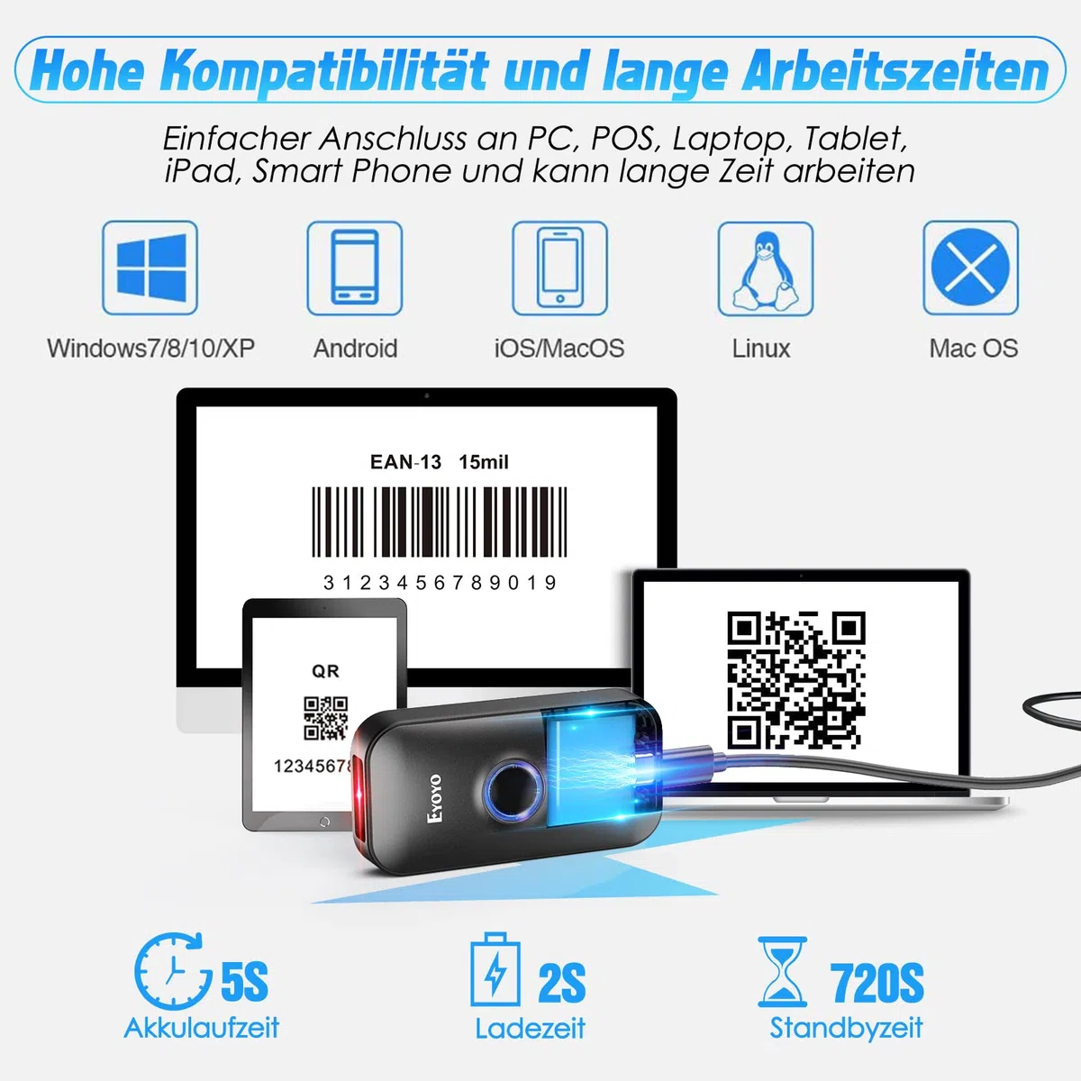 Eyoyo Mini lettore di codici a barre Bluetooth 2D, 3 in 1 USB Wired/2.4G Wireless/Bluetooth Bar Code Reader Portatile 1D QR Image Scanner PDF417 Data Matrix Code per iPad, iOS, Android