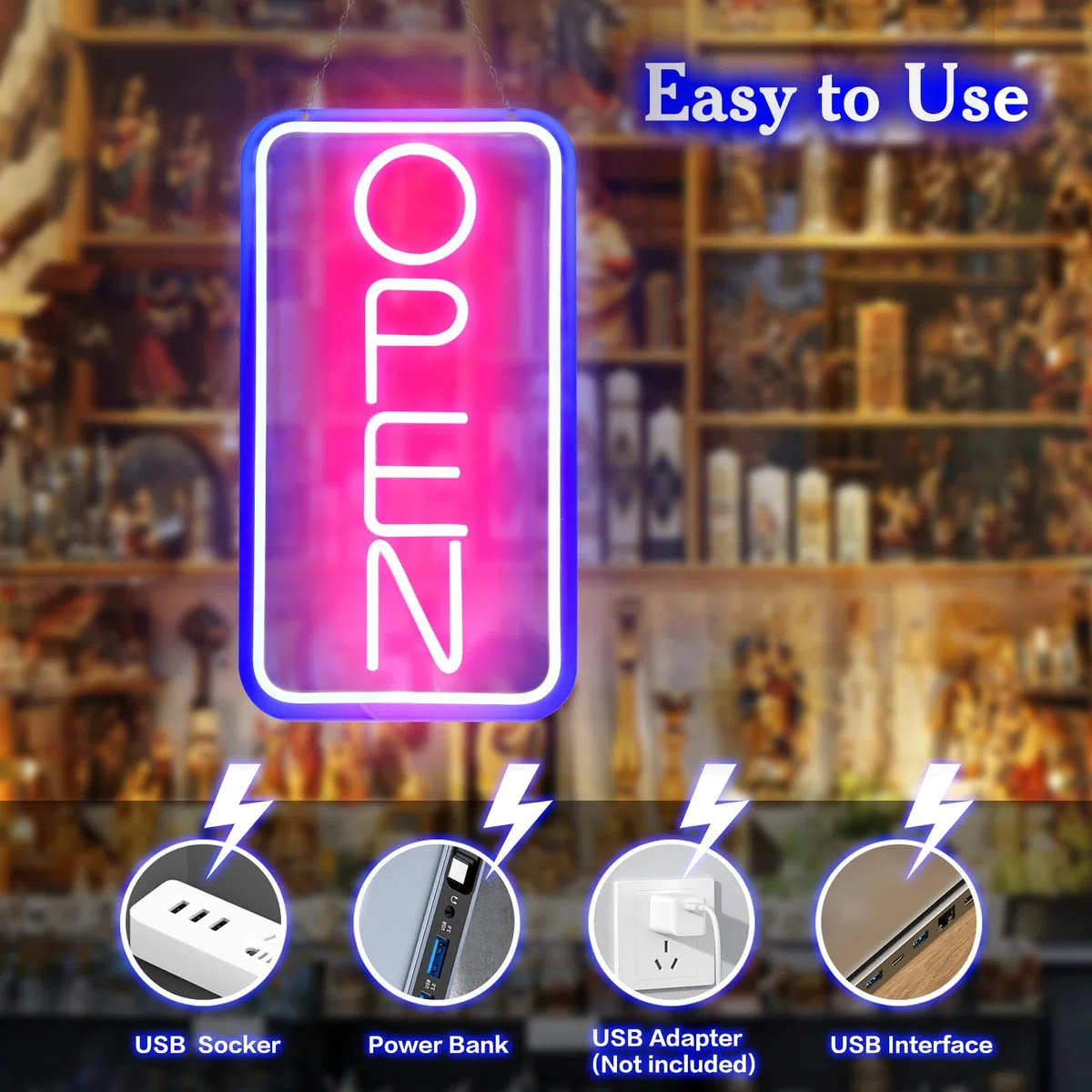 Insegne al neon a LED aperte per affari, 42 x 22 cm, con luce aperta, display elettrico, alimentato da USB, regolabile, luminoso, con segnale orario di apertura/chiusura per negozi, bar, caffè