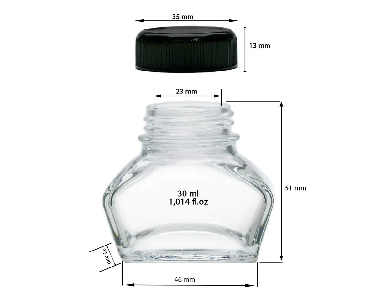 10x Vetro inchiostro, calamaio, vetro per gioielli con tappo a vite nero, volume 30ml, filettatura Ø 30mm