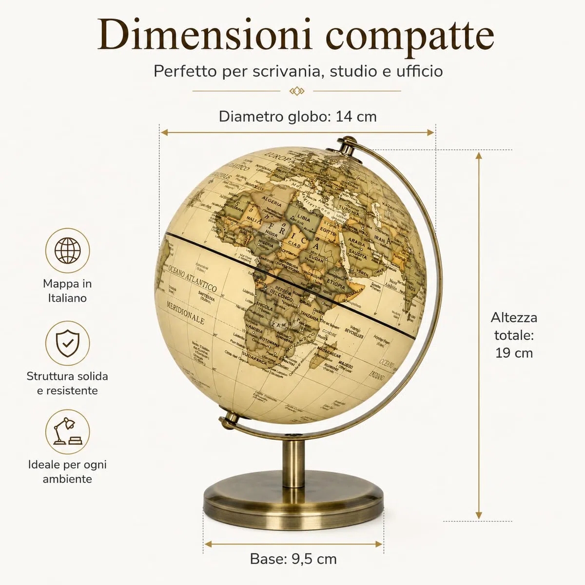Exerz Mappamondo Antico 14cm Mappa Italiana Supporto Metallo Bronzo | Compatto per scrivania studio e libreria con finitura ideale per bambini adulti casa ufficio e regali Globo Terrestre Antico
