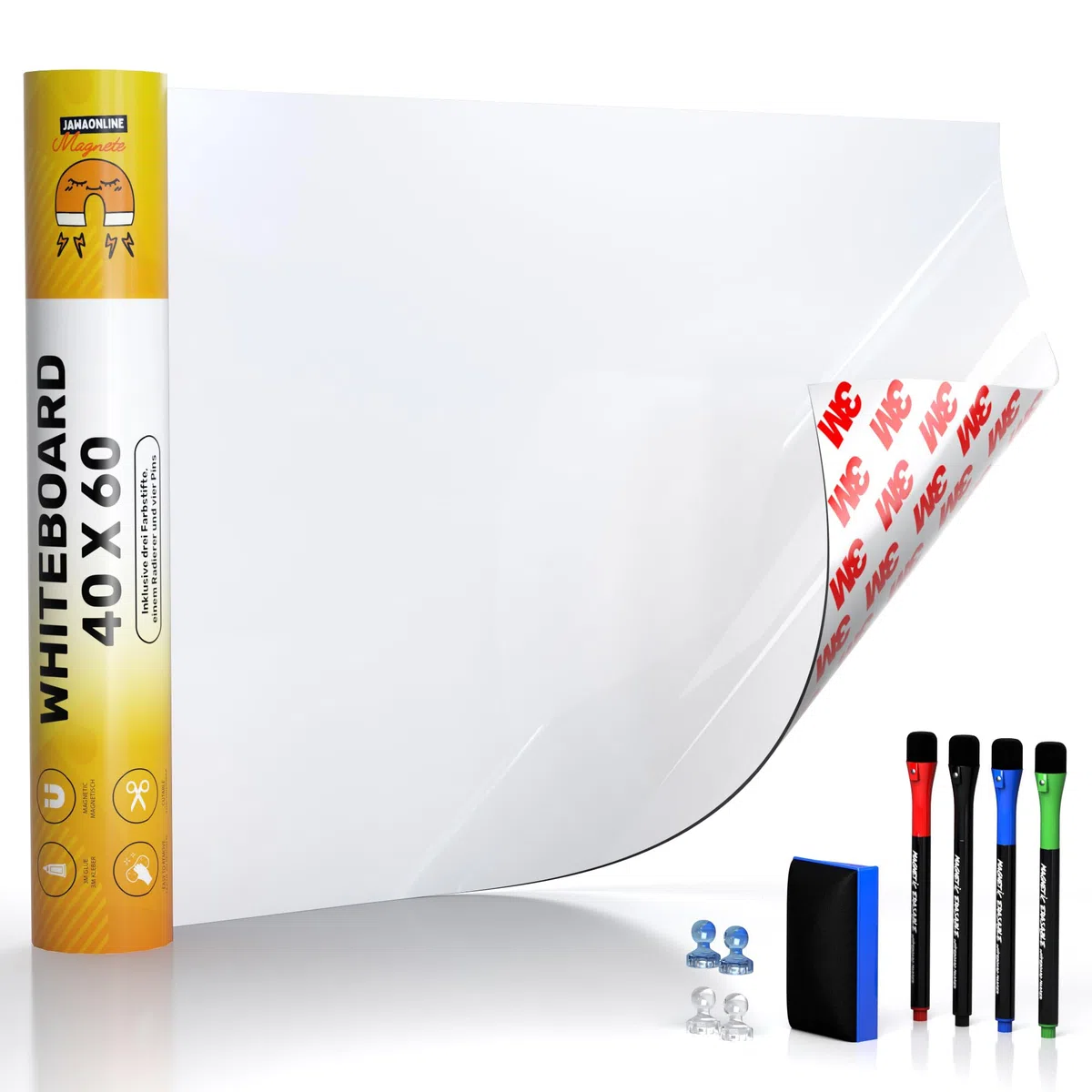 Foglio per lavagna bianca 40x60cm - foglio magnetico 3M autoadesivo - foglio per lavagna magnetica - ferro foil bianco - foglio per lavagna bianca incl. 4 pennarelli, cancellino e 4 spilli