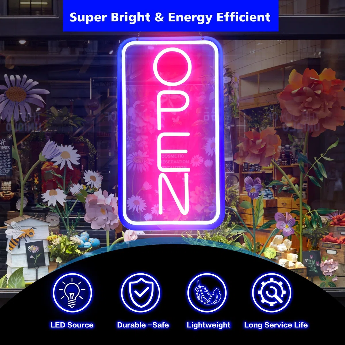 Insegne al neon a LED aperte per affari, 42 x 22 cm, con luce aperta, display elettrico, alimentato da USB, regolabile, luminoso, con segnale orario di apertura/chiusura per negozi, bar, caffè