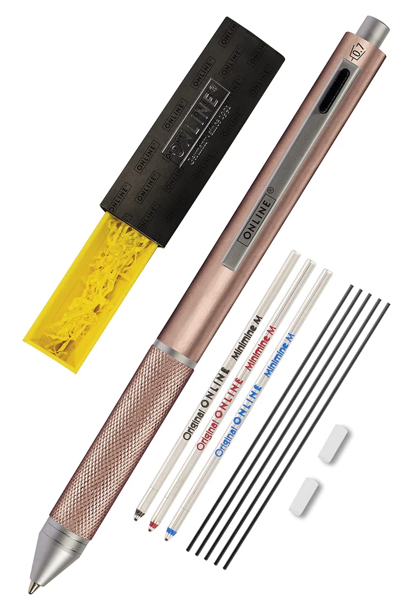 ONLINE Multipen 4-in-1 Oro Rosa | Penna multifunzione a sfera e matita in metallo | 3 cartucce per penna a sfera in blu, nero, rosso, 1 cartuccia per matita | incluso gomma da cancellare, in