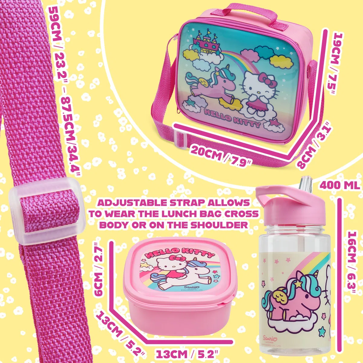 Get Trend Hello Kitty Borsa Porta Pranzo Bambini Set 3 Pz con Senza BPA Porta Merenda 400ml Borraccia Borsa Termica Viaggio Picnic Scuola (Hello Kitty)