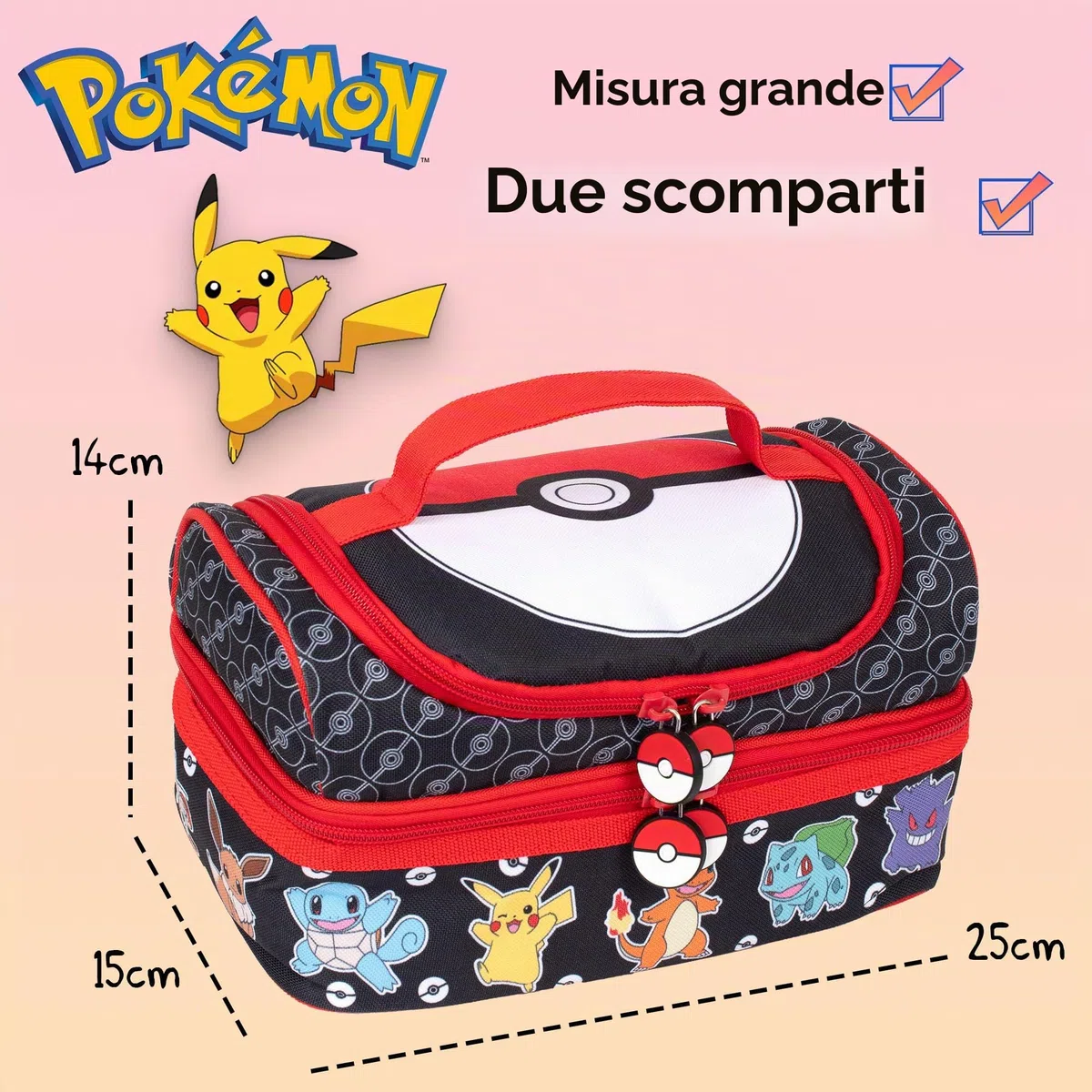 Pokémon Borsa portapranzo con molteplici scomparti per bambini, con isolamento termico a due strati, per bambini