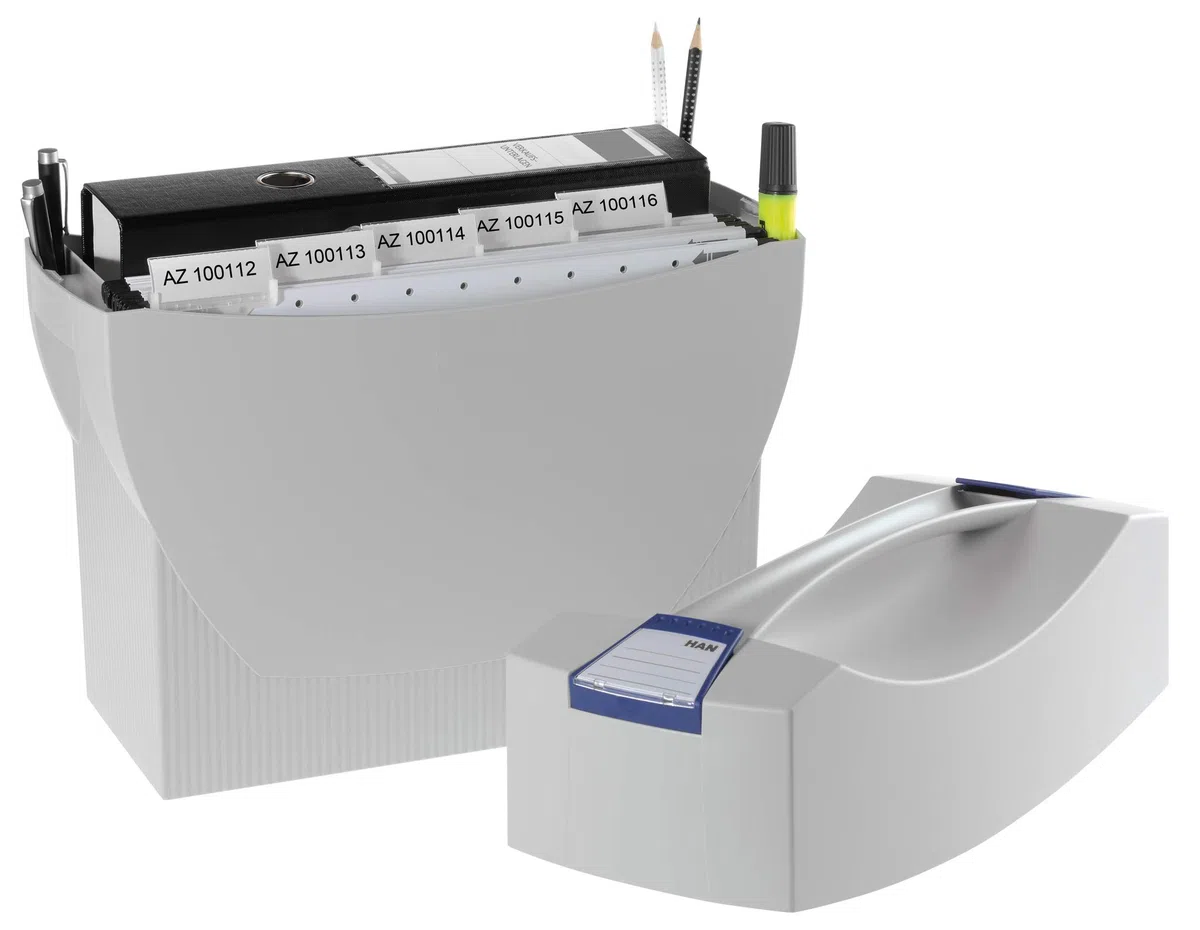 HAN SWING PLUS – Box per cartelle sospese – Pratico box per cartelle e raccoglitori, con integrato organizer per penne e pennarelli con coperchio, grigio chiaro, 1901-11