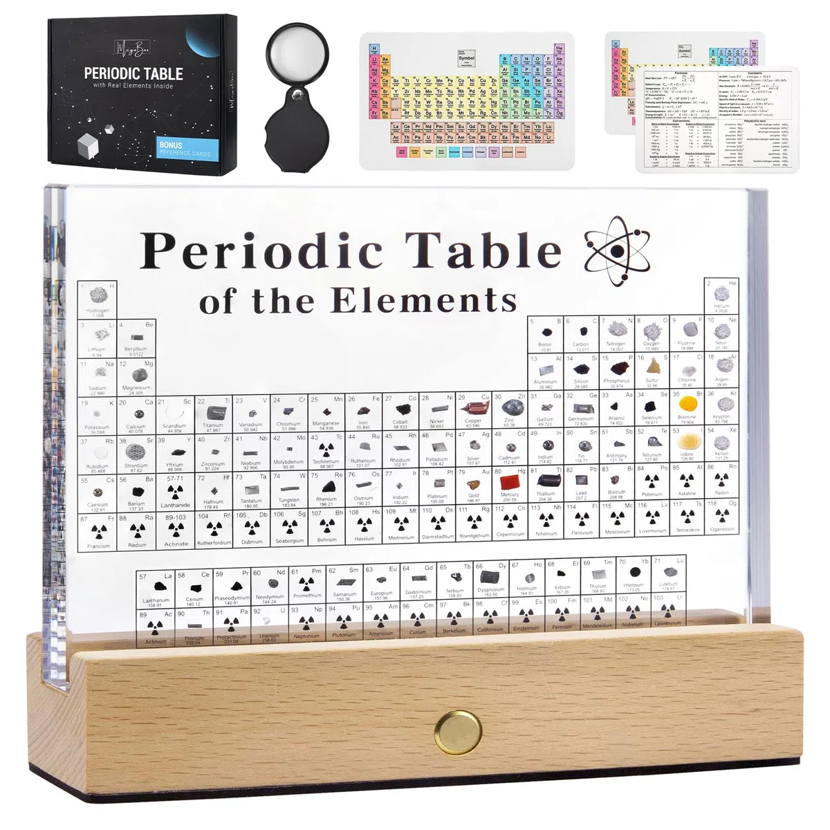 MegaBox Grande tavola periodica di elementi con 83 elementi reali, tavola periodica in acrilico con supporto in legno, 6 carte di riferimento per formula chimica, regalo per insegnanti di scienze