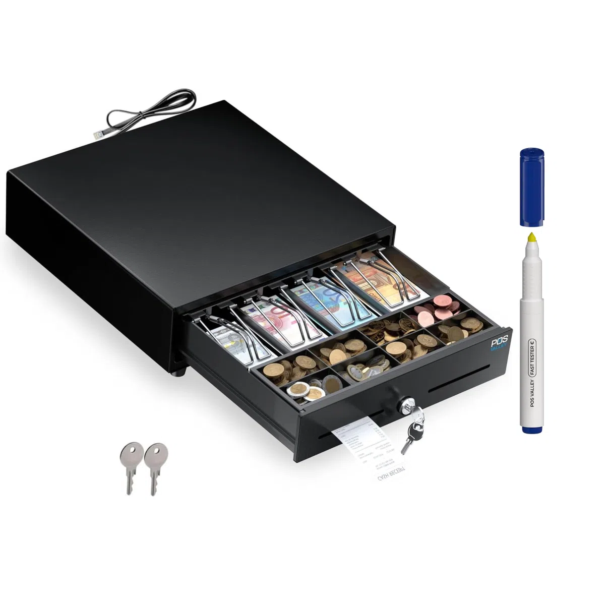 Cassetto Porta Soldi per Registratore di Cassa 33x33 cm, Automatico/Manuale RJ11, Kit Professionale con Penna Verifica Banconote - Cassetto Cassa 4 Banconote e 8 Monete, Nero