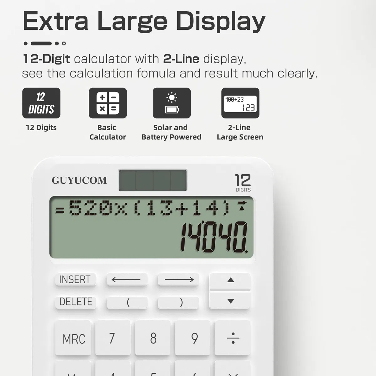 Calcolatrice GUYUCOM con memoria migliorata e funzione di tracciamento, display LCD a 2 righe chiaramente leggibile, 12 cifre, grandi pulsanti sensibili, bianco