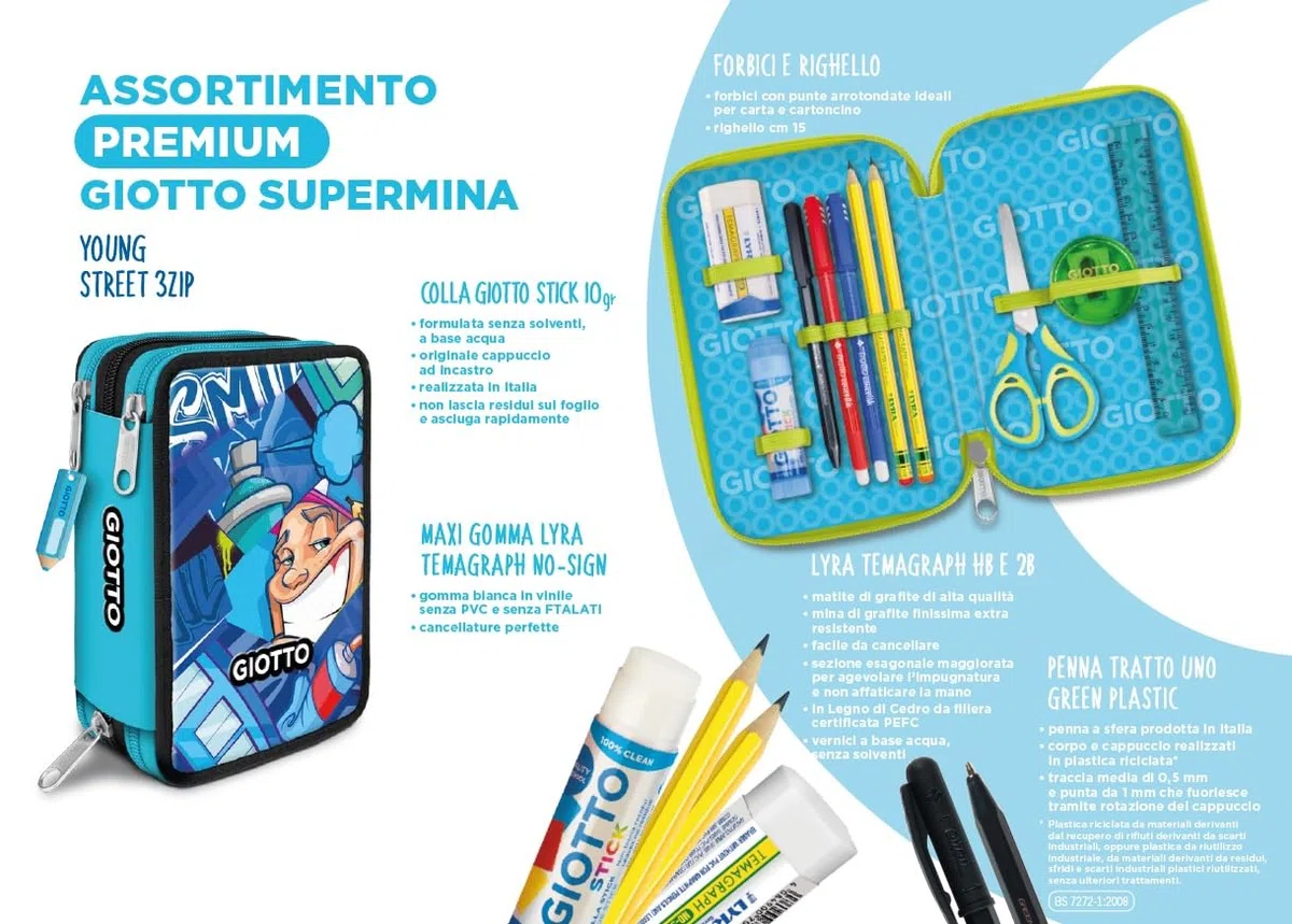 Giotto Astuccio Supermina 3 Zip Young Street Art, AZZURRO