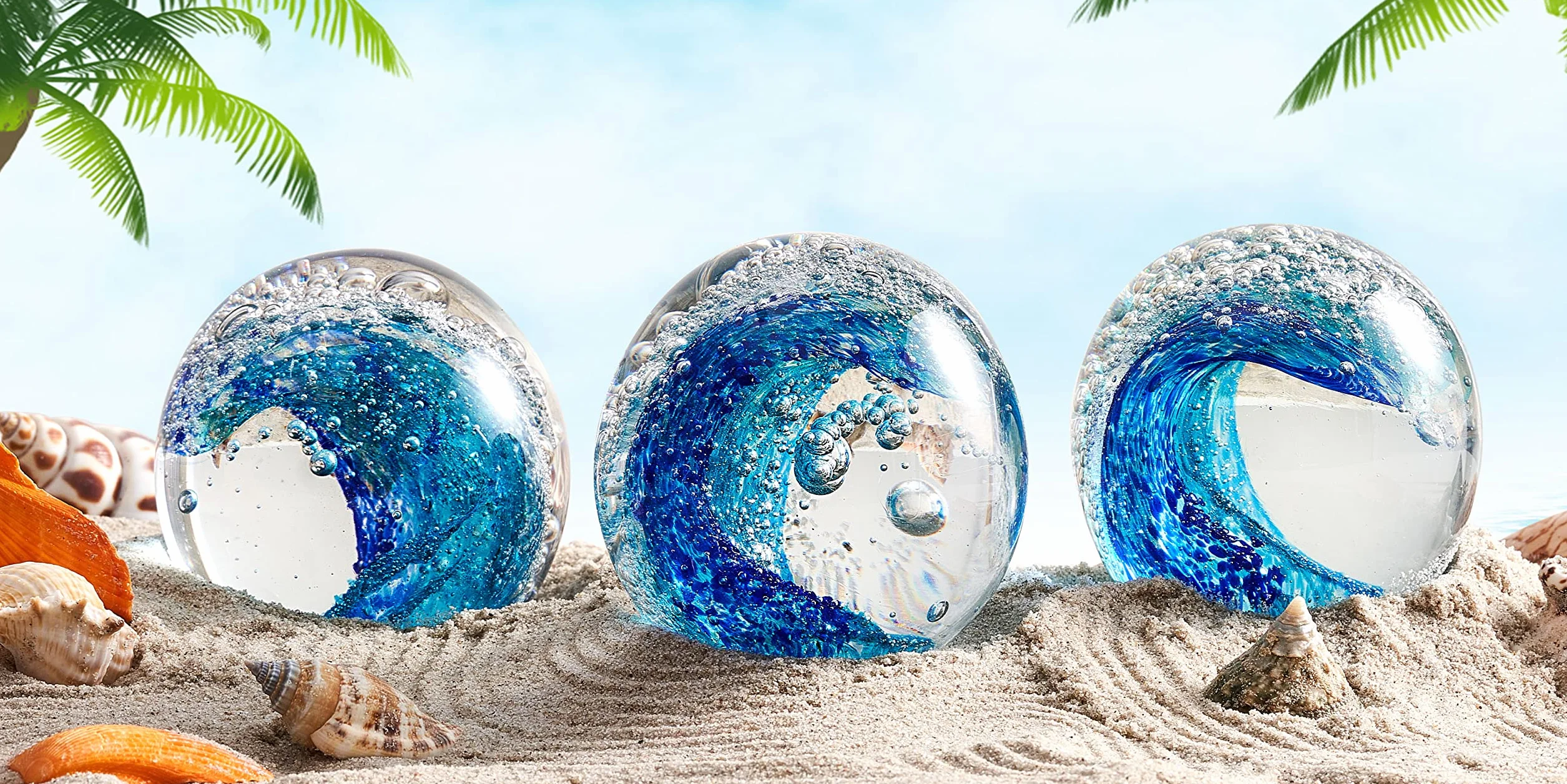 EUSTUMA Statuette in vetro soffiato a mano con onde oceaniche, fermacarte in vetro per scrivania, decorazione per la casa da collezione, per acquario e ufficio