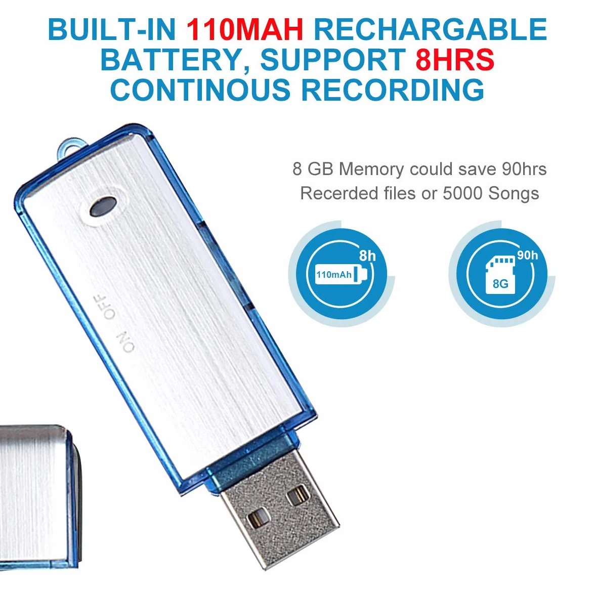 Lychee Mini Registratore Vocale Digitale 8GB - fino a 90 ore - Attivazione Vocale - Ricaricabile USB - Custodia in Mmetallo - Ideale per Lezioni, Riunioni, Interviste (Blu)