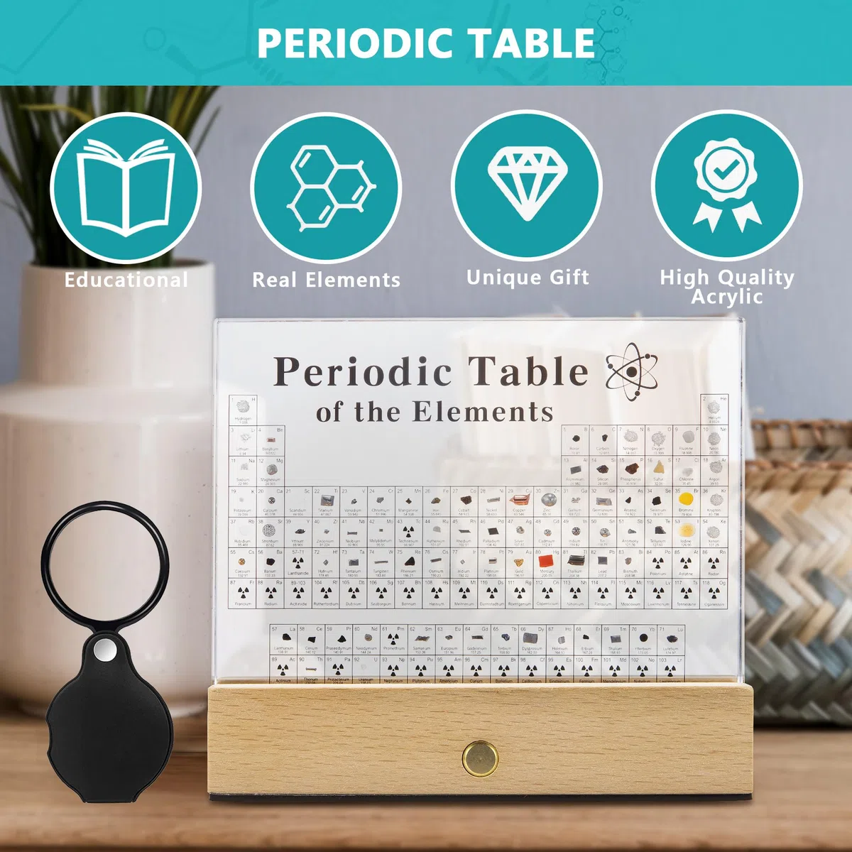 MegaBox Grande tavola periodica di elementi con 83 elementi reali, tavola periodica in acrilico con supporto in legno, 6 carte di riferimento per formula chimica, regalo per insegnanti di scienze