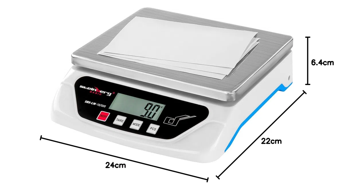 Steinberg BASIC SBS-LW-10/500 Bilancia Elettronica Bilancia Digitale Pesalettere (10 kg / 0,5 g, Schermo LCD Retroilluminazione, Alimentazione 2 Batterie AA o Adattatore AC/DC ADAPTER 6V) Argento